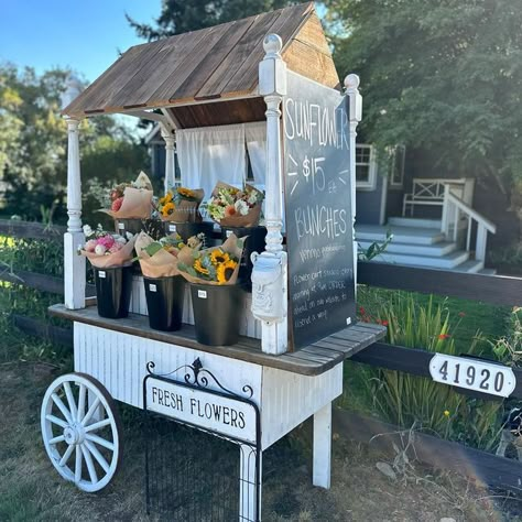 Carli | Flower Farm & Photography | Enumclaw, WA on Instagram: "The Flower Cart goes back out on the roadside next month!! During the week, I stock the Flower Cart with fresh cut bouquets every morning at 9am. Each month brings different bouquets; March begins with Daffodils, Anemone, Ranunculus & of course Tulips. As summer approaches, the bouquets are filled with everyone’s favorite dahlias and specialty sunflowers, Lisianthus and so much more! You can always reserve a bouquet ahead of time on our website or swing by for a quick grab and go! Bouquets are priced at $20. Can’t wait to see you next month! #flowercart #flowerfarm #flowerfarmer #flowerfarming #cutflowers #farmfreshbouquets #enumclawflowerfarm" Small Flower Stand, Flower Stand Ideas Outdoor, Cut Flower Stand, Smores Table, Enumclaw Wa, Bakery Cart, Floral Cart, Bakery Stand, Flower Carts