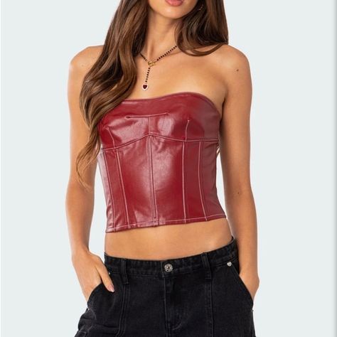 Edikted Moss Faux Leather Lace Up Corset Womens Corset Tops, Red Corset, Lace Up Corset, Woman Personality, Woman Wine, Wine Top, Leather Corset, Leather Lace, Wine Red