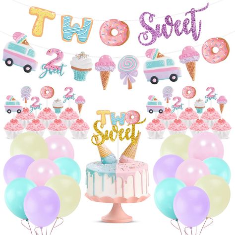 PRICES MAY VARY. Latex 🍦🍧🍨【Two Sweet Girl Birthday Decorations】The multi-colored party decoration kit comes with 1Pc “TWO SWEET” banner,1pc Ice cream and donut Garland, 1Pc Two Sweet Cake Topper,12Pcs ice cream Cupcake Toppers,40Pcs balloons(10 x macarone purple, 10 x macarone pink, 10 x macarone yellow, 10 x aqua blue).All the content are made in professional supervision and designed from long-lasting quality material. 🍦🍧🍨【Kids 2nd Birthday Party Ideas】These two sweet birthday backdrop ar Ice Cream Birthday Party Decorations, Toddler Birthday Party Themes, Ice Cream Donut, 3rd Birthday Party For Girls, Donut Theme Party, Third Birthday Girl, Cream Donut, Ice Cream Party Decorations, Ice Cream Party Theme