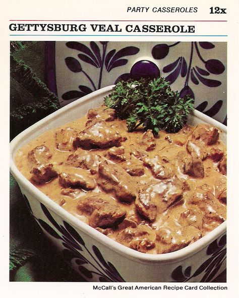 1/2 cup butter or margarine 4 lb boneless veal, cut in 1-inch cubes 1/2 teaspoon salt 1/8 teaspoon pepper 2 cans (10 1/2-oz size) condensed cream-of-mushroom soup, undiluted 3 cups sliced onion 1/4 teaspoon seasoned salt 1/8 teaspoon Tabasco 1/4 cup sherry 1 cup dairy sour cream 1/8 teaspoon cracked black pepper Hot cooked rice… Party Casseroles, Vintage Recipe Cards, Betty Crocker Recipe Cards, Veal Stew, Cooking Whole Chicken, Cooking Panda, Cooking Oatmeal, Sliced Onion, Veal Recipes