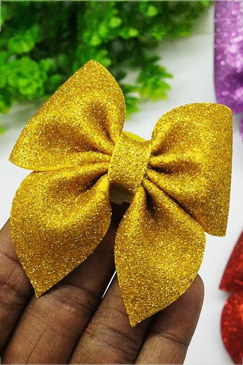 Glitter Foam Paper Bow making tutorial - Eva Foam paper Sheet - Foam paper Hair Bow - paper Bow Crafts - Handmade Hair Accessories - How to make Bows making - paper Craft. #Bow #Handmade #Hair Glitter Foam Sheet Crafts, Bow Making Tutorials, Foam Paper, Make Bows, Foam Sheet Crafts, Paper Bow, Yellow Glitter, Diy Bows, Bow Tutorial