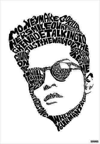 Bruno Mars by Seanings Portrait Typography, Bruno Mars Shirt, Typographic Portrait, Typography Portrait, Mars Wallpaper, Mars Poster, Word Drawings, Celebrity Drawings, Stencil Art