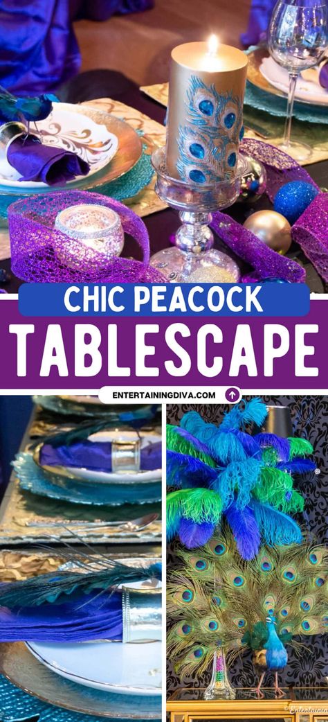 This peacock tablescape is gorgeous! I love the purple, green, gold and teal colors. It will be great for my Mardi Gras themed birthday party table decorations. Click through to find more great table decorating ideas. Peacock Table Setting, Peacock Birthday Theme, Peacock Decorating Ideas, Peacock Tablescape, Peacock Party Theme, Peacock Party Decorations, Peacock Wedding Centerpieces, Peacock Birthday Party, Peacock Birthday