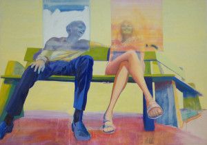 A Man and a Woman on a Park Bench Painting People, Rich Color Palette, People Sitting, A Park, Room Paint, Two People, New Media, Types Of Art, Park Bench