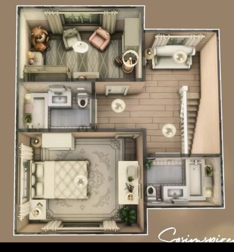 1 Story Sims House, Sims 4 Mobile House Ideas, Kitchen L Shape Layout, Japandi Small House, Sims Mobile House Ideas Layout, Small Traditional Japanese House, Small Kitchen L Shape, The Sims Mobile House Design, 30x20 House Plans Sims 4