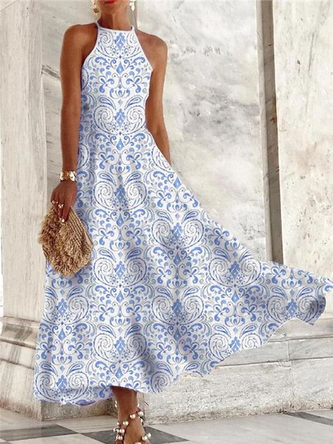 Women's Casual Dress Floral Print Crew Neck Maxi long Dress Casual Daily Vacation Sleeveless Summer Spring 2024 - $34.99 Sundress Outfit, Womens Long Skirt, Beach Party Dress, Boho Dresses Long, Summer Dresses For Wedding Guest, Mode Casual, Boho Floral Dress, Round Neck Dresses, Crewneck Dress