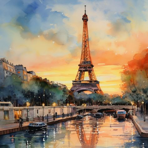 Eiffel Tower Sunset Painting, Watercolor Paris Paintings, Cityscape Watercolor Painting, Paris Watercolor Painting, City Watercolor Painting, Paris Art Painting, Eiffel Tower Painting, Art Parisien, Eiffel Tower Art