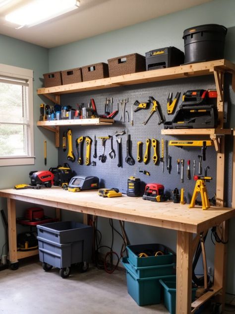 Garage Workbench Ideas - Garage Organization Ideas Tools Workshop, Garage Work Table Ideas, Modern Garage Workshop, Garage Work Space, Garage Work Bench Diy Workbench Designs, Work Shops Ideas, Cellar Organization, Garage Storage Ideas Organizing, Garage Organization Ideas Storage