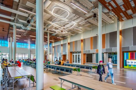 I-Forest Edge Elementary School-Cafeteria Looking South - Education Snapshots Elementary Cafeteria, Elementary School Cafeteria, Budget Interior Design, Zero Energy, 21st Century Learning, School Cafeteria, Net Zero, Cove Lighting, School Related