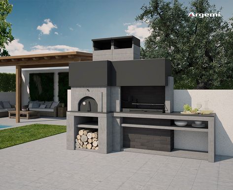 Barbacoa con horno MILANO barbacoa moderna con brasero lateral para una cocción tipo argentino, de líneas urbanitas, cúbicas, Small Outdoor Bbq Area, Barbacoa Exterior, Outdoor Bbq Area, Bbq Area, Pool Bar, Outdoor Bbq, Outdoor Design, Plein Air, Villa