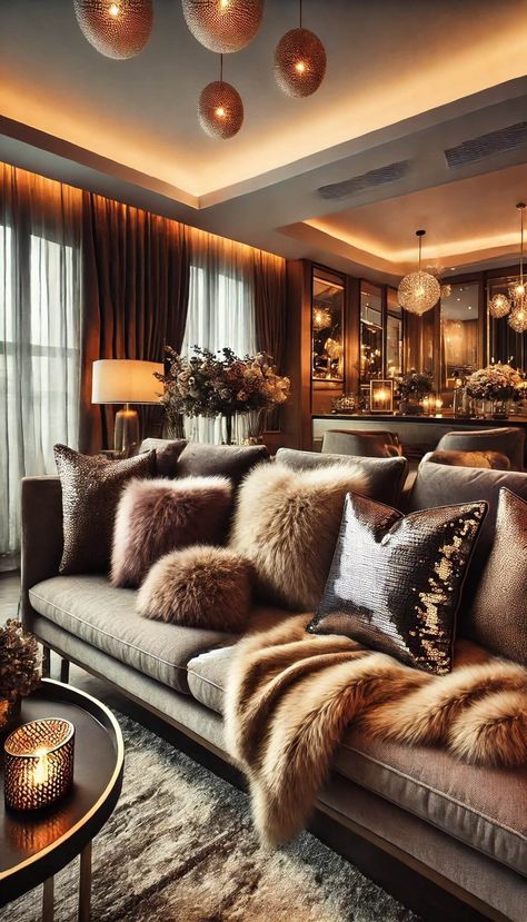 Brown Glam Living Room, Rustic Glam Decor Living Room, Chic Glam Living Room, Glam Living Room Ideas, Rustic Glam Living Room, Modern Glam Living Room, Organic Living Room, Gold Sofa, Glam Living