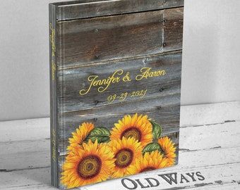 Sunflower Guest Book Wedding | Etsy Guest Sign In Book, Country Farm Wedding, Rustic Sunflower Wedding, Wood Guest Book Wedding, Wood Guest Book, Personalised Guest Book, Wedding Guest Books, Rustic Wedding Guest Book, Fall Wedding Decorations