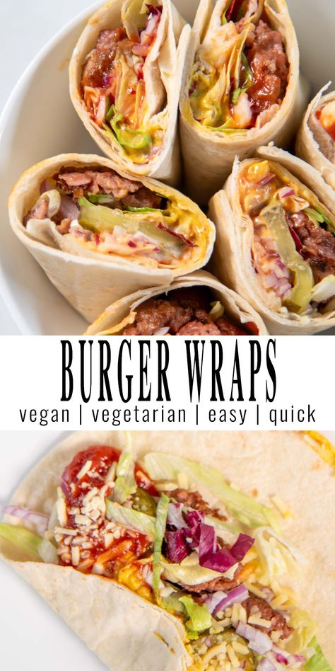 Burger Wraps have everything what is wonderful from burgers, but packed into wraps. It makes them an amazing dinner or even portable lunch. The combination of burger ingredients like ketchup, mustard, burger patties, rolled into wraps is a winning and delicious combo that the whole family will love in no time. #vegan #dairyfree #dinner #lunch #burgerwraps #contentednesscooking Wraps Recipes Vegetarian, Burger Wraps, Contentedness Cooking, Burger Ingredients, Vegan Casseroles, Work Lunch Recipes, Vegan Casserole, 30 Minute Meals Easy, Vegan Summer Recipes