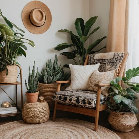 ⚠️LINK IN BIO⚠️ A serene bohemian reading nook with a cozy armchair, lush greenery, and a delightful mix of textures and patterns for a relaxing atmosphere. #ReadingNook #Bohemian #Cozy #Plants #Textures Boho Chairs Living Room, Boho Reading Nook, Cozy Armchair, Neutral Bohemian, Boho Chair, Textures And Patterns, Cozy Chair, Relaxing Atmosphere, Reading Chair