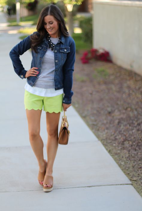 Scalloped Lime Green Shorts Outfit, Green Shorts Outfit Summer, Green Shorts Outfit, Northeast Girl, Green Denim Shorts, Spring Attire, Lime Green Shorts, In The Navy, Scalloped Shorts