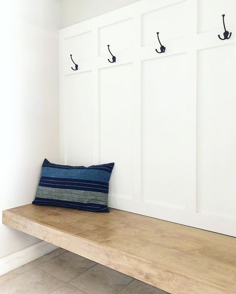 Angela Rose | DIY and Design on Instagram: “FAVORITE DIY ALERT: This floating bench has won so many awards in my head...”practicality” for allowing me to shove shoes and laundry…” Floating Bench, Cabin Build, Batten Wall, Entry Closet, Mud Room Entry, Mudroom Entryway, Mudroom Decor, Boot Storage, Diy Mudroom Bench