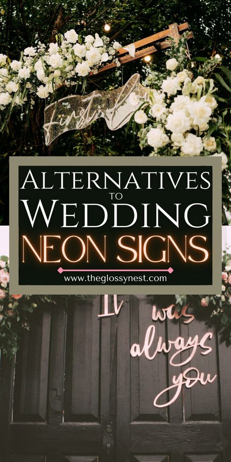 alternatives to wedding neon signs, it was always you, wood arch with sign & white flowers Neon Sign Alternative, Mirror Chalkboard, Wedding Entry Table, Wedding Signs For Reception, Table Arch, Canvas Easel, Unique Wedding Signs, Greenery Flowers, Reception Ceremony