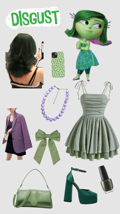 inside out- disgust Inside Out Disgust, Disgusted Inside Out, Inside Out Costume, Halloween Inspo, Makeup Essentials, Inside Out, Halloween Costumes, Halloween