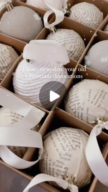 Abi Hugo | Interiors, Upcycling & DIY on Instagram: "DIY CHRISTMAS CRAFTS 🎄 - Aesthetic Baubles⁠ ⁠ Supplies:⁠ Old or cheap decorations⁠ Cream ribbon⁠ 1) glue gun⁠ Macrame string⁠ 2) PVA glue watered down⁠ Old charity shop book⁠ 3) paint in the desired colour⁠ Bicarbonate of soda⁠ ⁠ 1 - remove the top and use hot glue to secure the macrame string. Keep wrapping it around and around till you get to the bottom. Snip off the end and ensure it’s properly secured with a little bit of hot glue to prevent fraying. Secure the top back on with hot glue and replace the string with ribbon.⁠ ⁠ 2 - water down some PVA glue and rip up some paper. Attach the paper to your baubles using the PVA. Keep going until you can no longer see the previous design through the paper. Pop the top back and add the ribb Cheap Decorations, Crafts Aesthetic, Diy Christmas Crafts, Pva Glue, Upcycling Diy, Paper Pop, Bicarbonate Of Soda, Old Christmas, Instagram Diy