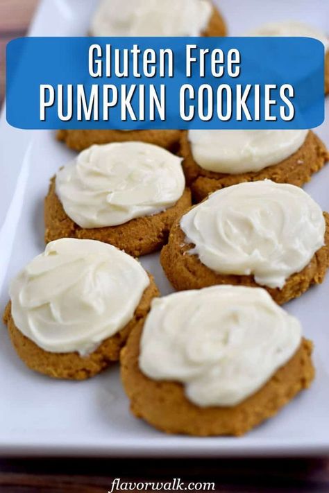 These Gluten Free Pumpkin Cookies, with cream cheese frosting, are a must-try for pumpkin fans!  They’re soft, sweet, perfectly spiced, and packed with pumpkin flavor.  If you want to satisfy those pumpkin cravings, look no further than this flavorful cookie recipe! #glutenfreerecipes #pumpkincookies #glutenfreecookies Pumpkin Cookies With Cream Cheese, Gluten Free Pumpkin Cookies, Pumpkin Cookies Healthy, Cookies With Cream Cheese Frosting, Gluten Free Pumpkin Recipes, Cookies With Cream Cheese, Pumpkin Cravings, Monster Cookies Recipe, Gf Cookies