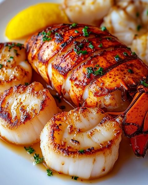 🦞 Garlic Butter Lobster and Scallops 🧄🦪 Savor the Sea's Bounty with Every Bite! Perfect for a special evening, this dish brings the ocean's freshness right to your dining table, combining the rich, buttery flavors of lobster and scallops with a hint of garlic. 🍽️ Ingredients 🍽️ - For the Scallops: - 1/2 lb sea scallops, patted dry - 1 tbsp olive oil - 2 tbsp unsalted butter - 2 cloves garlic, minced - Salt and pepper to taste - Fresh parsley for garnish - For the Lobster: - 2 lobste... Indian Seafood, Garlic Butter Lobster, Butter Lobster, Lobster Dishes, Lobster Recipes Tail, Sea Scallops, Gourmet Dinner, Lobster Recipes, Scallop Recipes