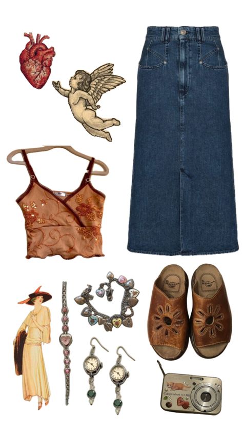 aesthetic outfit long skirt vintage second hand thrifted digicam top watch old flower sandals earrings Thrift Style Outfits, Outfit Long Skirt, 13 Outfits, Long Skirt Vintage, Sidewalk Sale, Watch Old, Thrift Haul, Downtown Outfits, Flower Sandals