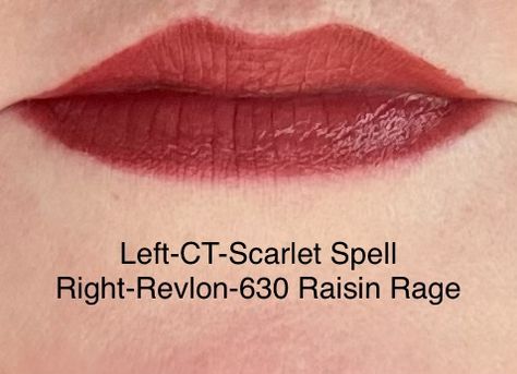 Left-CT-Scarlet Spell Right-Revlon-630 Raisin Rage. The Revlon shade is nearly an exact shade match and they both feel the same on the lips. Interesting Faces, Charlotte Tilbury, Revlon, Raisin, Scarlet, Lips, Makeup, Beauty, Make Up