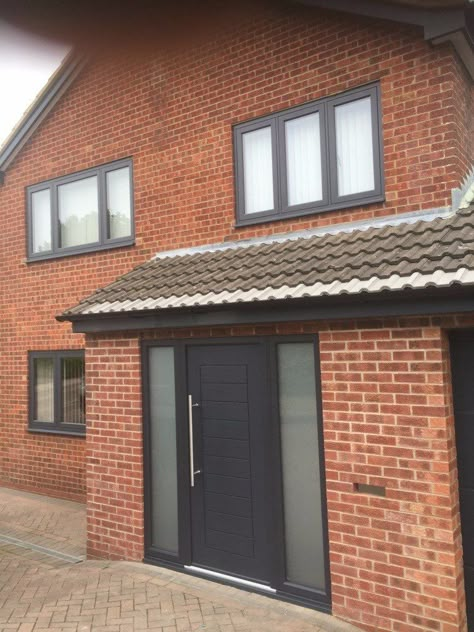 Dark Grey Windows, Brick House Grey Windows, Grey Windows Exterior, House With Grey Windows, Anthracite Windows, Anthracite Grey Windows, Grey Window Frames, Grey Brick Houses, Porch Extension