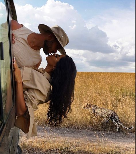 Safari Couple Photoshoot, Zanzibar Couple, Safari Trip Outfit Ideas, Safari Proposal, Safari Couple, Africa Photoshoot, South Africa Style Outfits, Safari Engagement Photos, Safari Quotes