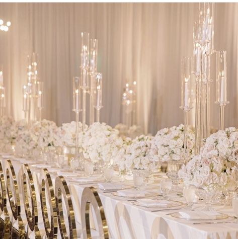 Pelamin Rumah, Bridal Party Table Decorations, Everly Rose, Wedding Plate Setting, Candelabra Wedding Centerpieces, Weddings Decorations Elegant Romantic, Wedding Reception Tables Centerpieces, Candelabra Wedding, Black And White Wedding Theme