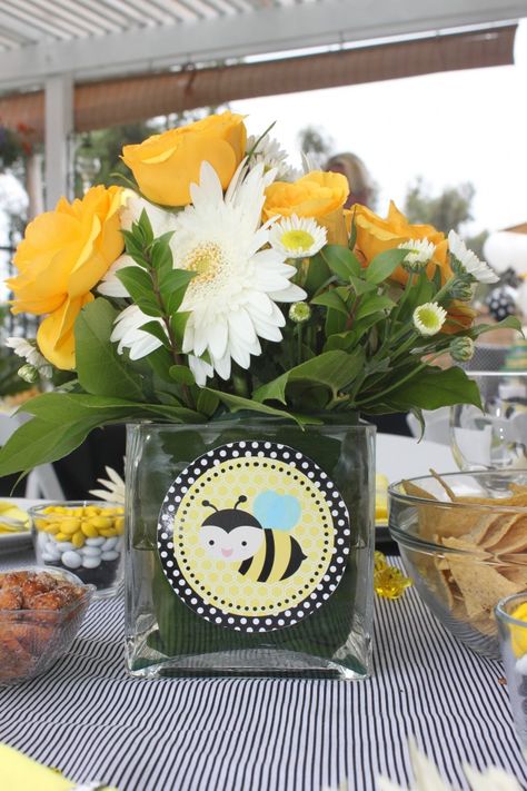 : ) Honey Bee Centerpiece Ideas, Bee Baby Shower Centerpieces, Honeybee Theme, Baby Shower Center, Bumble Bee Birthday, Bee Baby Shower Invitations, Bee Birthday Party, Bee Baby Shower Theme, Bumble Bee Baby Shower