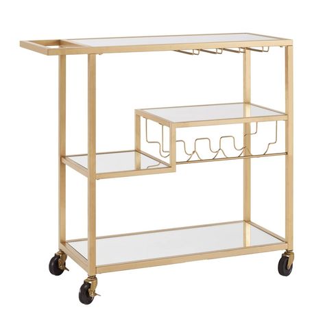 Show off your bold modern style at your next dinner party with the Estelle Step Tier Metal and Glass Bar Cart from Inspire Q. Perfect for every occasion, this cart is both fashionable and functional. All your hosting essentials can be kept in one place, thanks to wine racks, stemware racks, and four ample shelves. Caster wheels make mobility a breeze, allowing you to entertain in every room of your home. This classy bar cart has multiple striking finish options on the sturdy metal frame to choos Classy Bar Cart, Metal Bar Cart, Gold Bar Cart, Bar In Casa, Glass Bar Cart, College House, Glass Bar, Inspire Me Home Decor, Mirror With Shelf