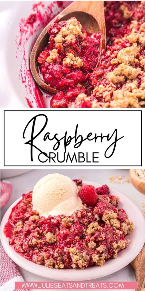 Classic Raspberry Crumble features a delightful blend of sweet, ripe raspberries under a crumbly topping. This easy-to-make summer dessert recipe perfectly balances tangy and sweet flavors. Enjoy it warm, topped with a scoop of creamy vanilla ice cream. Raspberry Crisp, Creamy Vanilla Ice Cream, Raspberry Crumble, Raspberry Desserts, Apple Recipes Easy, Pie Crumble, Homemade Pumpkin Pie, Blueberry Crumble, Make Ahead Desserts