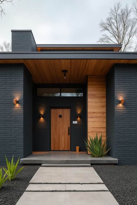 15 Black House Exterior Ideas That Redefine Modern Elegance Houses With Painted Brick Exterior, Modern Exterior Materials, Stucco Exterior Makeover, Modern Exterior Ideas, Home Front Design, Contemporary House Exterior Design, Outside House Paint, Black Exterior Door, Exterior House Doors