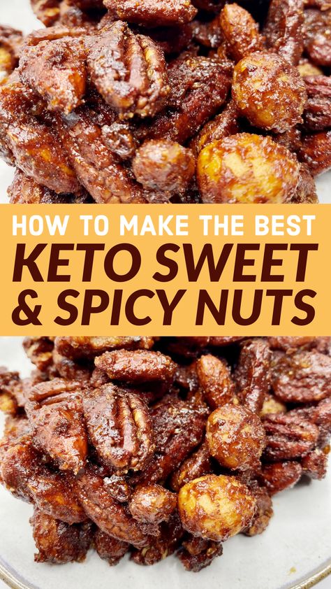 Keto Sweet & Spicy Nuts Keto Sweet Nuts Recipes, Keto Spiced Nuts Recipe, Keto Seasoned Nuts Recipe, Keto Nuts List, Walnut Recipes Keto, Keto Candied Nuts Recipes, Keto Nut Recipes, Keto Nuts Recipes, Salty Keto Snacks