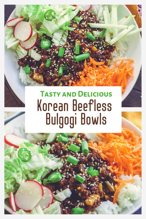 Korean Beefless Bulgogi Bowls are a delight as a meatless main dish. You'll love the flavors and colors in these meatless, Korean Beefless Bulgogi Bowls. Veggie Bulgogi Bowl, Korean Bulgogi Bowl, Vegan Bulgogi Bowl, Ground Beef Korean Bowl, Korean Beef Bowl With Cauliflower Rice, Meatless Dinner, Meatless Main Dishes, Cooking White Rice, Lentil Salad