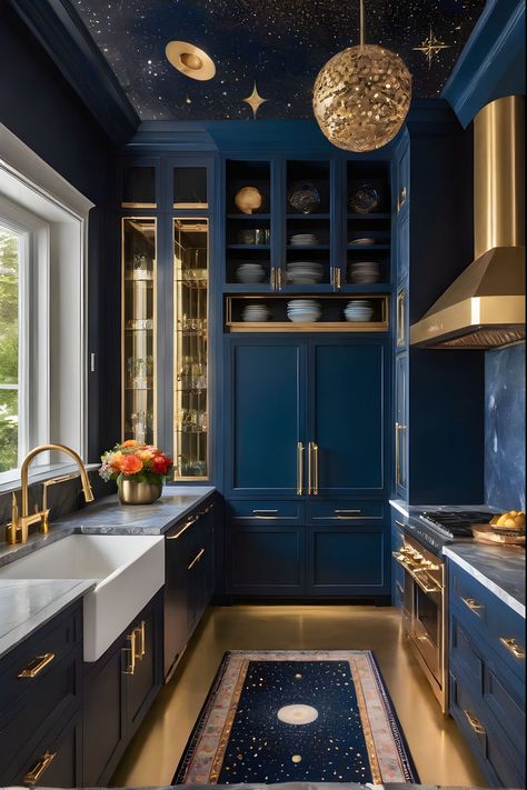 Pin, like, and follow for more celestial kitchen inspiration! Dive into a cosmic elegance kitchen where deep blue walls and gold accents meet vibrant boho decor. Discover astrology in every corner, from constellation murals to zodiac-inspired accessories. 🌟🔮 Celestial Kitchen, Deep Blue Walls, Eccentric Kitchen, Blue Kitchen Walls, Stylish Kitchen Decor, Celestial Realm, Kitchen Renovation Inspiration, Beautiful Kitchen Cabinets, Hotel Room Design