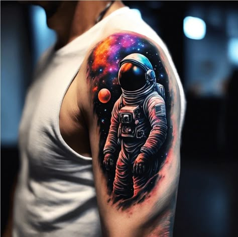 Space Themed Tattoos, Ryan Tattoo, Space Tattoo Ideas, Outer Space Tattoos, Space Tattoo Sleeve, Nebula Tattoo, Tattoos Dainty, Cactus Tattoos, Astronaut Tattoo