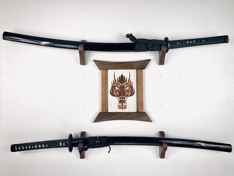 How To Display Swords On Wall, Swords Decor, Samurai Bedroom, Swords On Wall, Display Swords On Wall, Japandi Home, Dual Katanas, Gamer Room Decor, Japanese Decor