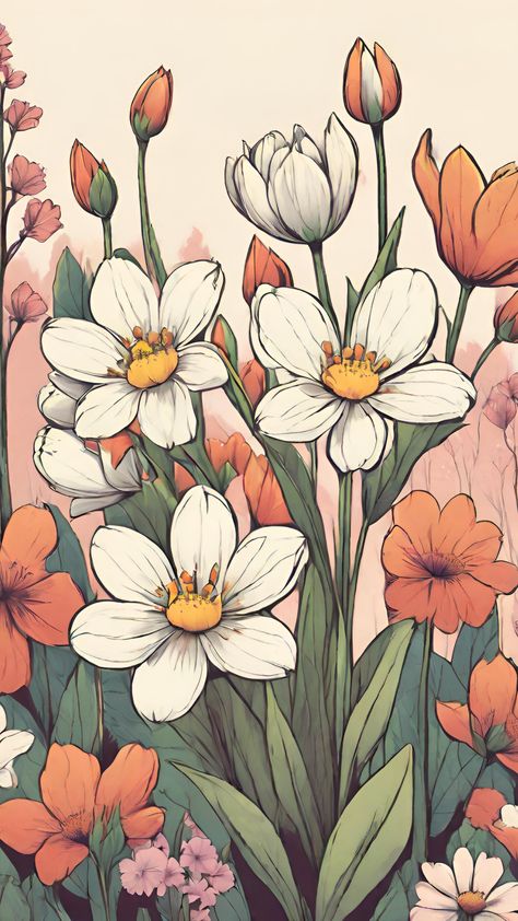 Flower Painting Illustration, Orange Aesthetic Drawing, Flower Wallpaper Drawing, Spring Flower Drawing, Flowers Background Wallpapers, Flower Art Aesthetic, Digital Art Flowers, Flowery Background, Carcase Iphone