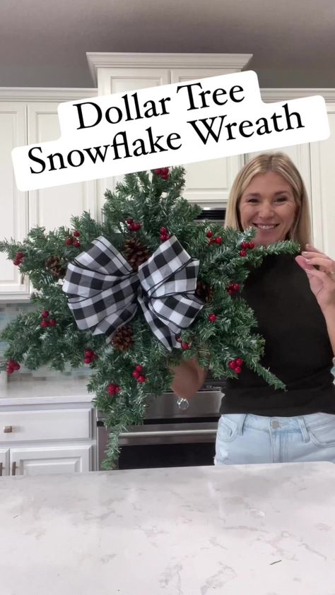 Laura Jeanne | Another Dollar Tree hack using mini Christmas trees 🎄 How pretty and simple is this snowflake wreath?!! 🥰 With the exception of the... | Instagram Star Christmas Wreath, Decorate Wreaths For Christmas, Dollar Tree Wire Star Wreath Ideas, Diy Cabinet Wreath, Pool Noodle Wreath Christmas, Dollar Tree Garland Ideas, Indoor Christmas Wreath Ideas, Window Christmas Decor Ideas Diy, Dollar Tree Diy Christmas Decorations