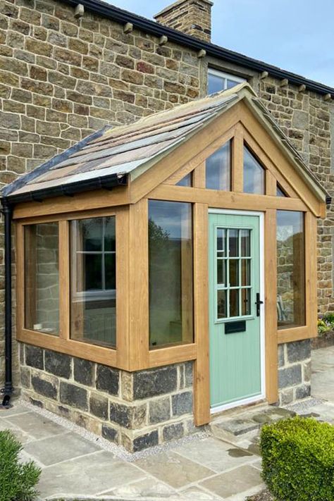 Fabulous Glazed Oak Porch Creates Space Conservatory Front Of House, Porch Extension With Toilet, Conservatory Porch, Porch Designs Uk, Oak Porches, Stone Cottage Homes, Small Stone Cottage, Stone Porch, Oak Porch