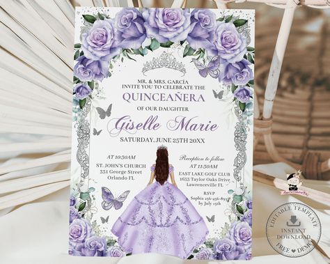 EDITABLE Purple Lavender Floral Silver Butterflies Princess Dress Quinceañera Invitation Quince 15 XV Sweet 16 Birthday Download Digital QC5 Sweet 16 Purple Theme Rosemarie Invites, Invitation Card Quinceanera, Lilac Quince Invitations, Invitation Card Design Purple, Purple Quince Invitations, Purple Quinceanera Invitations, Purple Butterfly Quinceanera Theme, Purple Invitation Card, Rose Gold Quinceanera