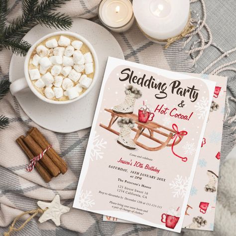 Hot Chocolate Watercolor, Sledding Birthday Party, Chocolate Watercolor, Sledding Party, Snow Sledding, Watercolor Snow, Wooden Sled, Snow Sled, Girl Birthday Party Invitations