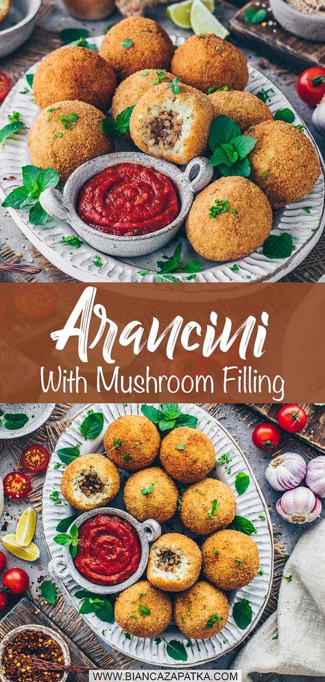 How to make the best vegan Arancini with mushroom filling - These crunchy fried Sicilian rice balls are easy to make vegan and gluten-free! #arancini #riceballs #rice #risotto #italianfood #italianrecipes #vegetarian #easyrecipes #veganrecipes #vegetarianrecipes #recipes #food #vegan #healthyrecipes | biancazapatka.com Vegan Arancini, Arancini Rice Balls, Mushroom Filling, Gourmet Gluten Free, Arancini Recipe, Pumpkin Risotto, Gluten Free Vegetarian Recipes, Vegan Main Dishes, Vegan Parmesan