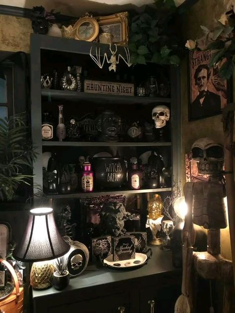 Gothic Home & Garden (@gothichomegarden) • Instagram photos and videos Cottage Goth Aesthetic, Themed Shelves, Grunge Bedroom Ideas, Dark Cottage Core Bedroom, Goth Taxidermy Decor, Gothic Taxidermy Decor, Gothic Victorian Storage, Goth Bedroom Ideas, Vintage Gothic Shelves