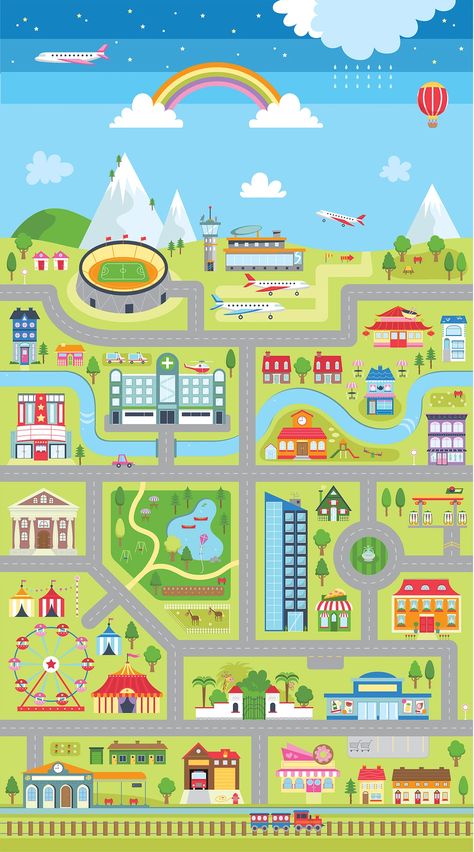 Hobon Printing: Town Play Mat | Mazes, Maps and Towns City Maps Illustration, Town Drawing, Emotions Preschool, Cartoon Map, Perjalanan Kota, Breakup Picture, Map Activities, Preschool Colors, Maps For Kids