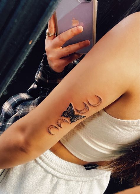 Butterfly And Moon Phases Tattoo, Butterfly With Moon Phases Tattoo, Butterfly Moon Phases Tattoo, Moon And Butterfly Tattoo, Moon Phase Tattoo, Phase Tattoo, Moon Phases Tattoo, Butterfly Moon, Butterfly Tattoos For Women