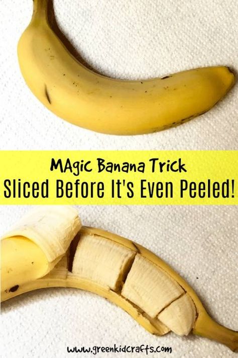 Magic banana trick. Slice a banana before it's even peeled! Great trick for kids to show family and friends! Dancing Rice Experiment, Dancing Rice, Kitchen Science Experiments, Magic Tricks For Kids, Science For Toddlers, Easy Magic Tricks, Magic For Kids, Kid Experiments, Science Activities For Kids