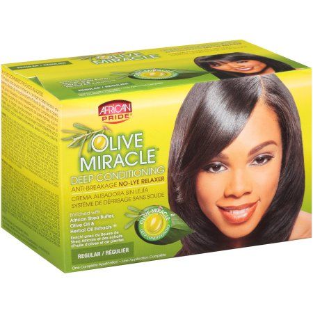 African PrideÂ® Olive MiracleÂ® Regular Deep Conditioning Anti-Breakage No-Lye Relaxer Kit Box Pride Hair, Olive Miracle, Hair Relaxer, African Herbs, Aloe Oil, Vitamin F, Herbal Infusion, Herbal Oil, Hair Starting